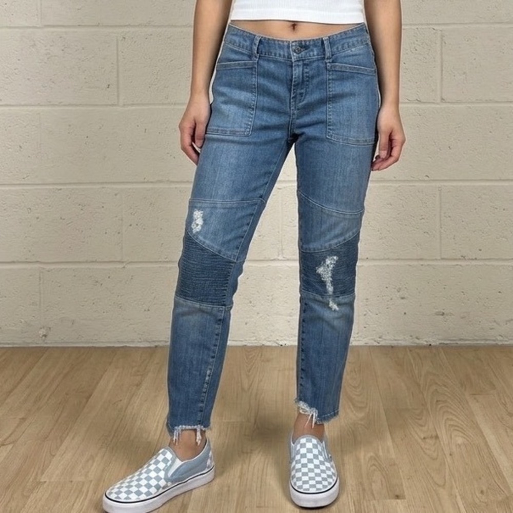 Free People Moto Skinny Distressed Jeans Blue 28 Edgy Biker Utility Denim - Picture 4 of 17